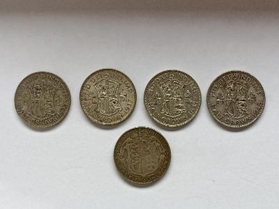 5 x stříbrná half crown 1921,1933,1937,1941,1945 Anglie