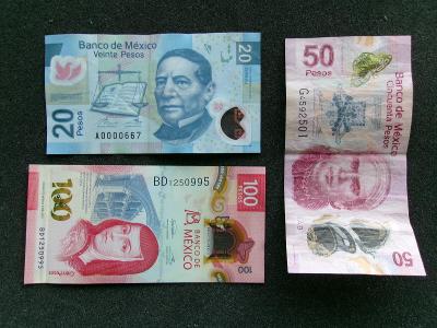 Bankovka Mexico Mexiko sada 20 50 dvacet padesát sto 100 Pesos polymer