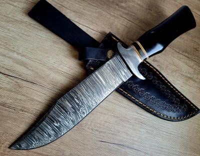 veľký poľovnícky Damaškový nôž 33 cm BOWIE ručne vyrobený + kožené púzdro