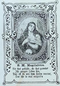 Máří Magdaléna krásný starožitný svatý obrázek rytina svátostka R-U 