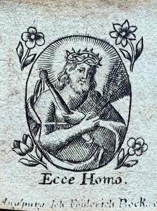 Vzácná církevní barokní rytina zdobený svatý obrázek Ježíš Ecce Homo 