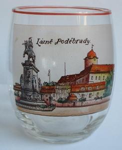 Starší hezký skleněný pohárek Lázně Poděbrady - motiv náměstí