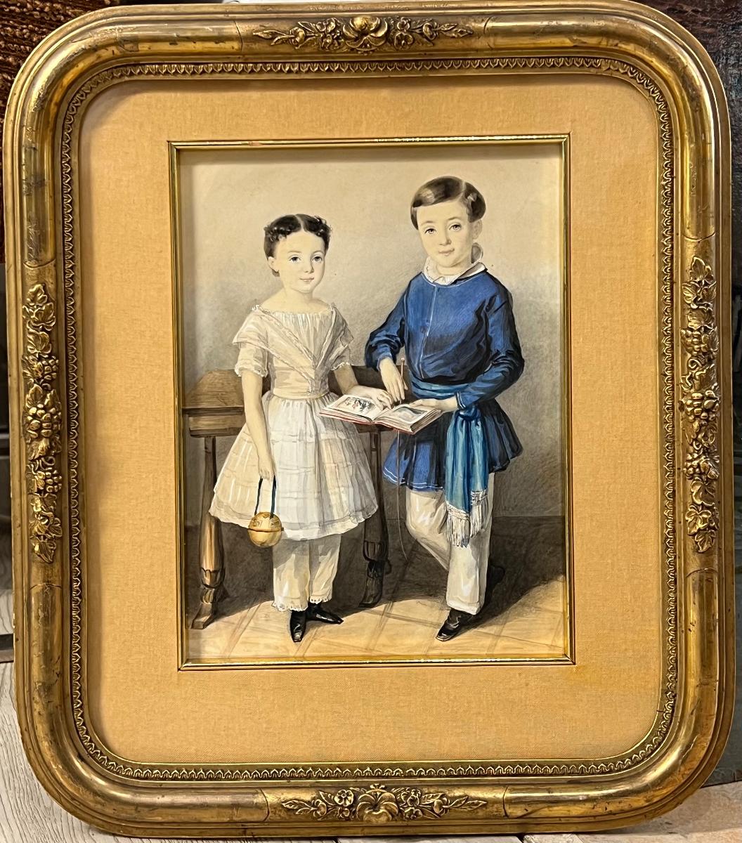 ZÁMOCKÉ DETI ROK 1850 VÝNIMOČNÝ AKVAREL - Umenie