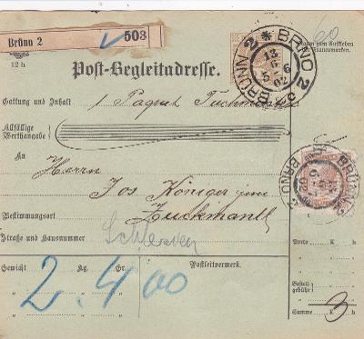 Rakousko, průvodka, Brno 1902- doplatné 3 hal. Zlaté Hory (Jeseník)