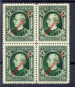 Slovenský stát 1939, 50 hal. známka Hlinka 4 blok, přetisk, svěží