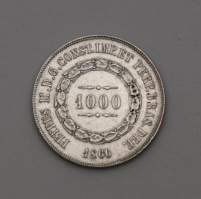 Stříbrné 1000 Reis 1866 - Pedro II. - Brazílie!