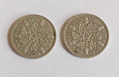2 x stříbrná mince - Velká Británie 6 pence 1936