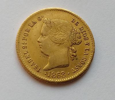 Zlaté 2 Peso 1868 - Isabella II. Hodně vzácná RRR.