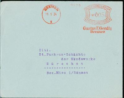14B1595 Dopis Bremen - Škoda Nýřany, Stříbro, frankotyp G.F. Gerdts