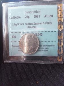 Canada Mint error. 2.8g 25 Cent struck on New Zealand 5 cents Planchet