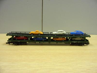 Modelové kolejiště N, plošinový nákladní vůz, auta FLEISCHMANN+autíčka