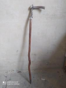 Stará vycházková , lovecká hůl, dřevo , kov, paroží, 93x16 cm (18756P)
