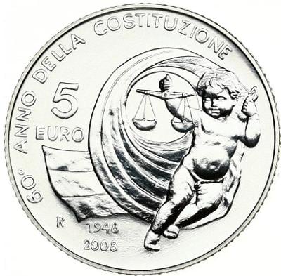 ✅Itálie 5 euro 2008 - 60th Anniversary - Constitution Ag stříbro
