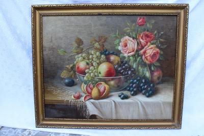 Obraz- zátiší s ovocem a květinami,signováno /F