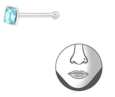 Stříbrný piercing do nosu ČTVEREC  Aquamarine.