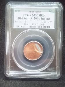 2000 1 Cent Double struck and 20% Indent Mint error PCGS MS65RD