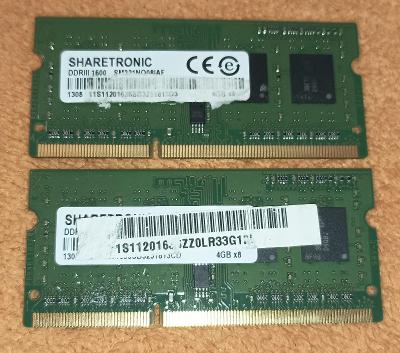 RAM paměti pro notebook -Sharetronic 2x 4GB DDR3 -otestované !!!