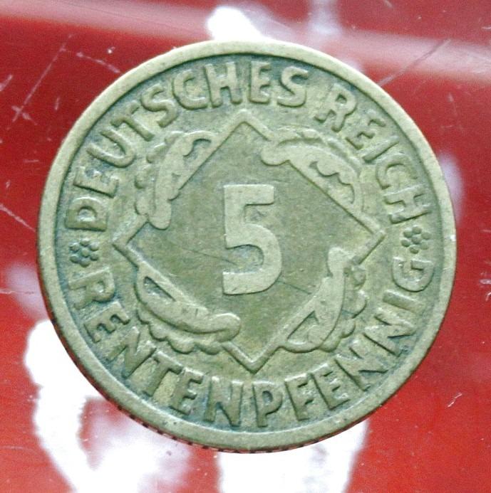 5 ríšskych fenikov, 1924 Značka mincovne "G" - Karlsruhe / Mince (t1/1) - Numizmatika
