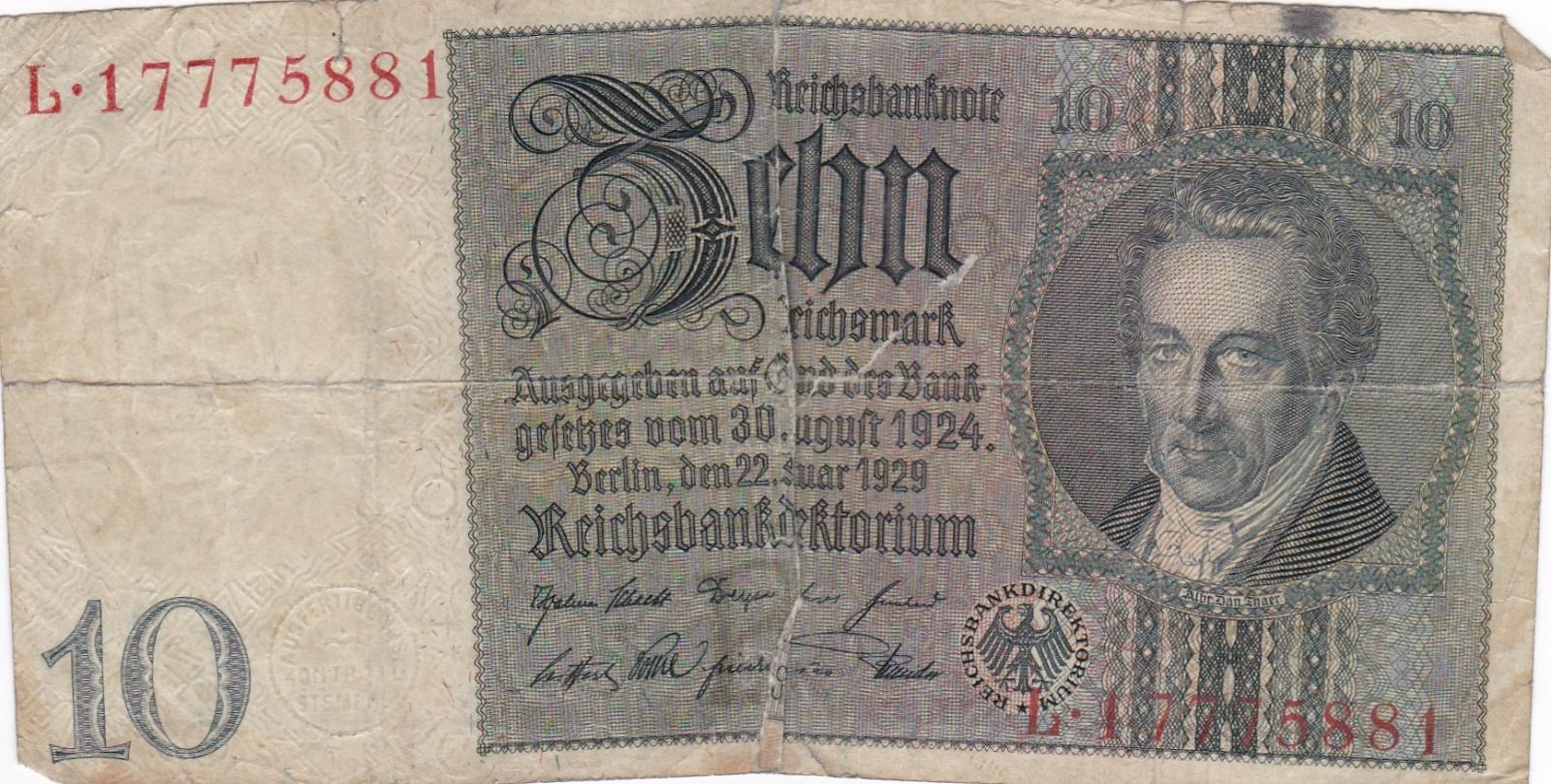10 Reichsmark , r.1929 - bankovka platná na našom území - Bankovky