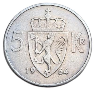 ✅Norsko 5 korun 1964 - Král Olav V. (1958 - 1991)