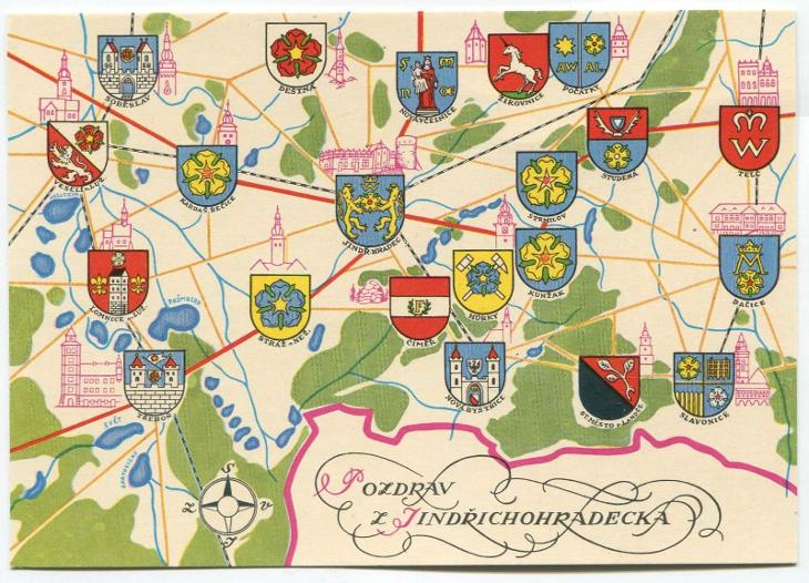 Pozdrav z Jindřichohradecka - mapa měst, erby, kresba K. LIŠKA | Aukro