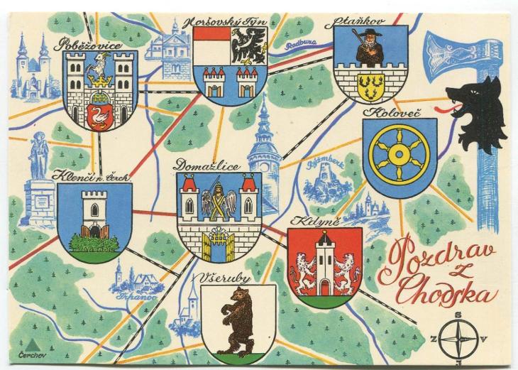 Pozdrav z CHODSKA - mapa měst, erby, kresba K. LIŠKA | Aukro