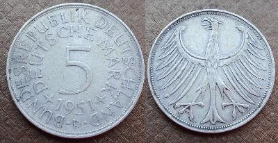 Německo - NSR 5 Marka 1951 D sbírková , stříbro