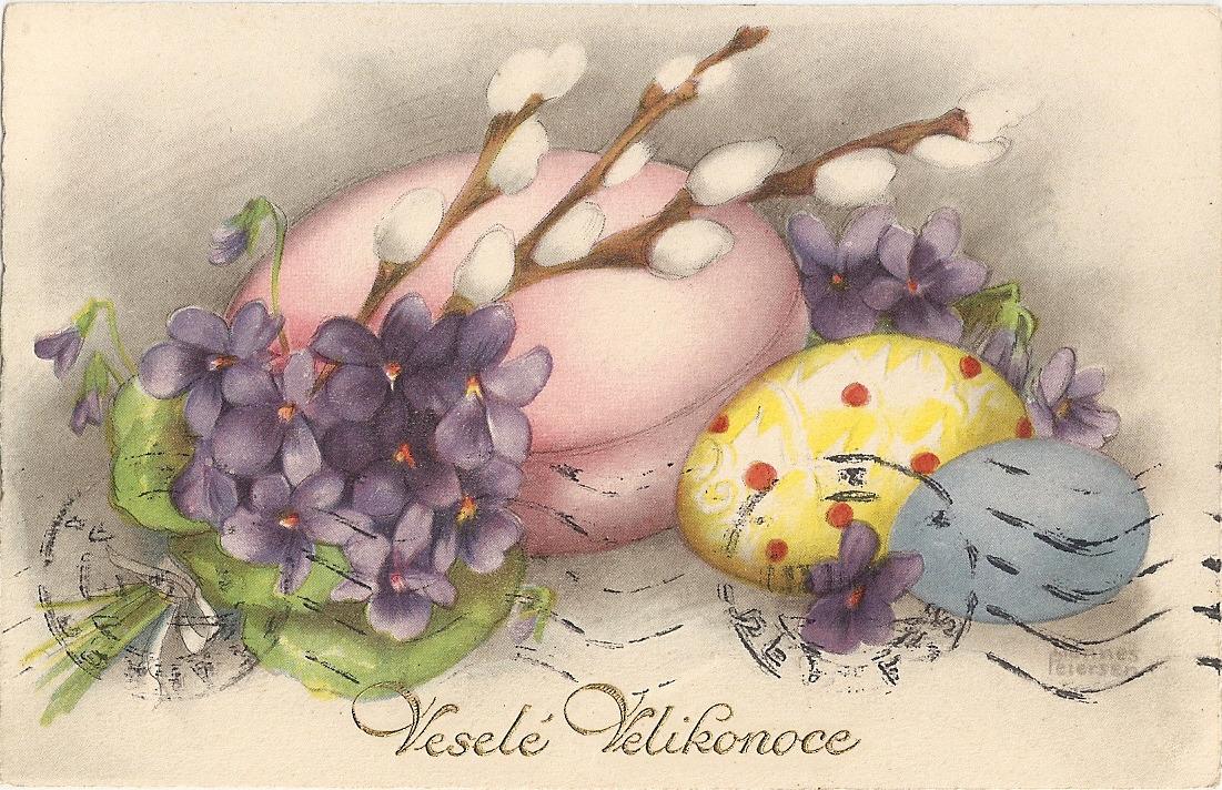 Veselé Velikonoce - vajcia, fialky, mačičky - Petersen - MF - Pohľadnice
