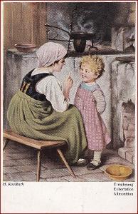 Žena * matka, děti, kamna, kuchyně, umělecká, sign. Kaulbach * M3158