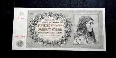 bankovka Protektorát 50 Korun 1944 Hanačka neperforovaná velmi pěkná