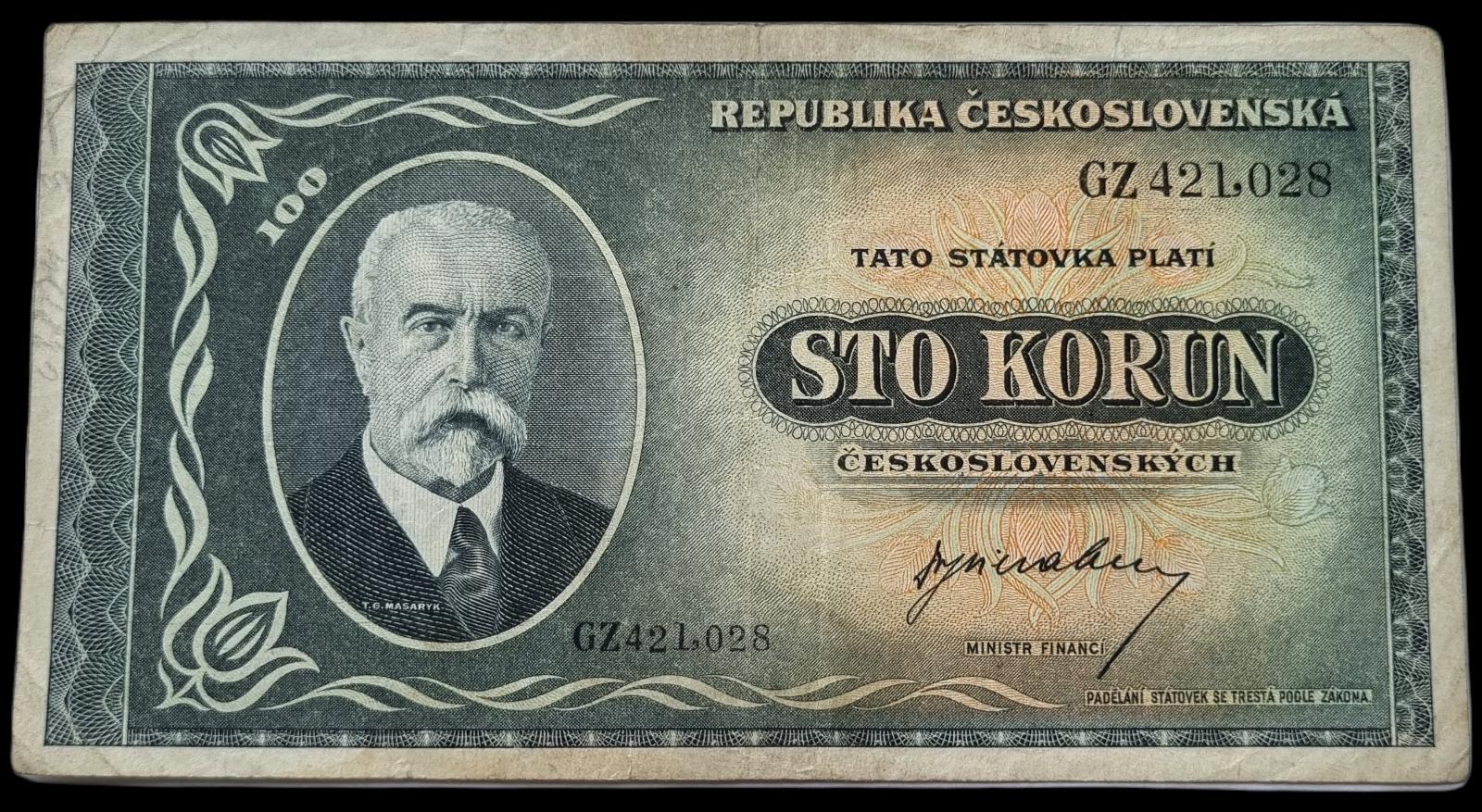 100 koruna 1945 - T.G.M.- séria GZ- neperforované - Bankovky