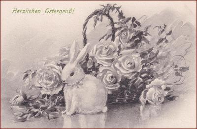 Velikonoce * králík, košík, růže, květiny, gratulační * M2165