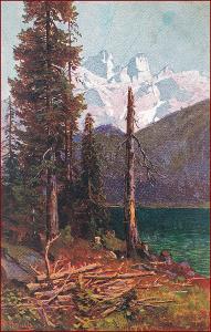 Alpský motiv * stromy, jezero, hory, krajina, sign. Holub * M5955