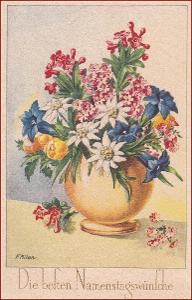 Alpské květiny * protěž, hořec, kytice, váza, gratulační * XM583