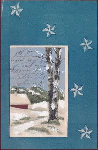 Venkovský motiv * chalupa, stromy, zimní krajina, hvězdy * XM589