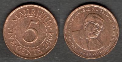 2004 Mauricius 5 centů z oběhu, téměř ražební lesk, A1