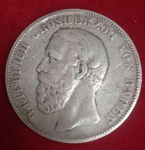 Baden 5 Mark 1876 G, stříbro 