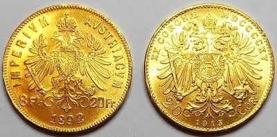 2ks zlaté mince- 8 Zlatník FJI-1892 bz+ 20 Korún FJI-1915 bz- 13,23 gr