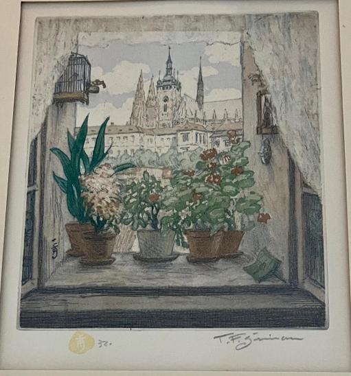 František Šimon Tavík - Pohled z okna na Pražský hrad - BAREVNÝ LEPT  - Výtvarné umění