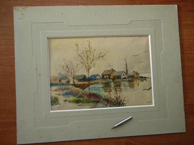 Starý akvarel .......domy u moře ....... V K  1898 ....
