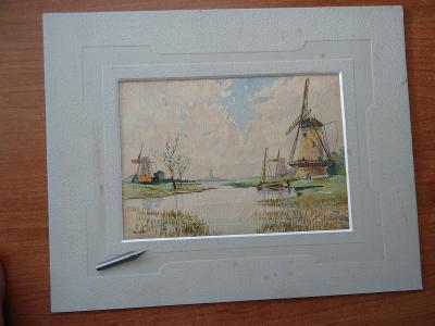 Starý akvarel .......větrné mlýny ....... V K  1898 ....