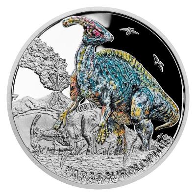 Strieborná minca Praveký svet - Parasaurolophus proof