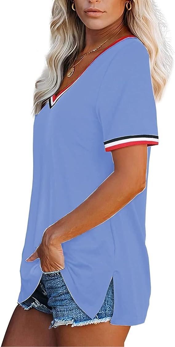 Dámske tričko s krátkym rukávom s výstrihom do V, modrej, L - Dámske oblečenie
