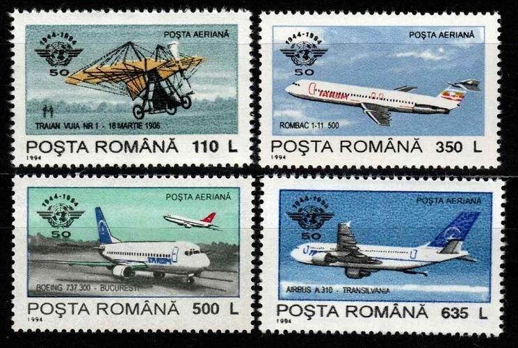 ** RUMUNSKO 1994: Séria 50 rokov ICAO, lietadlá, kat. 4,50 Mi€ - Známky