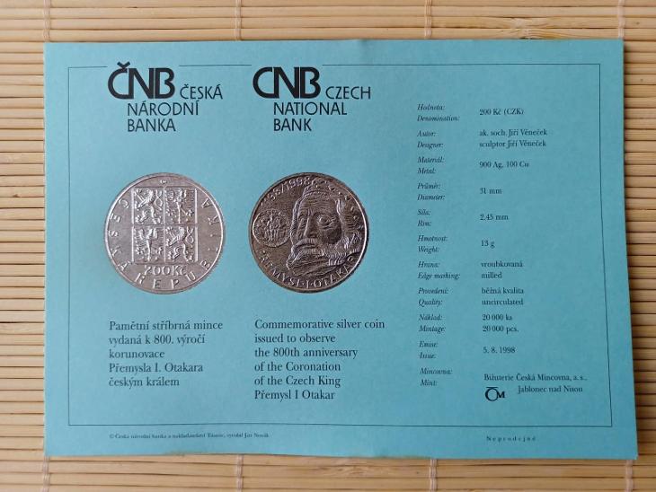 Certifikát k minci Ag 200 Kč k 800. výr korunovace Přemysla I. Otakara - Sběratelství
