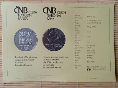 Certifikát k minci Ag 200 Kč k 150. výročí narození Františka Kmocha