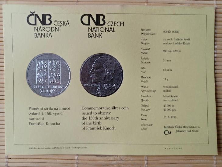 Certifikát k minci Ag 200 Kč k 150. výročí narození Františka Kmocha - Sběratelství