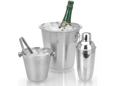 Barmanský set: nádoba na alkohol, kbelík na led, kleště, šejkr