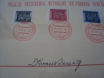 Prezident Edvard Beneš, podpis na pamětním listu 1945, krásná úprava 