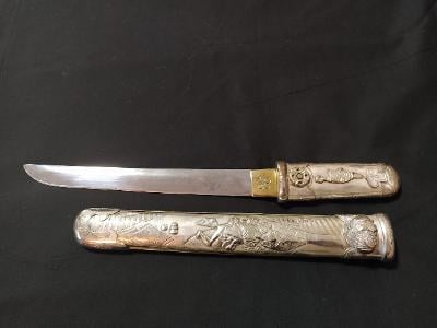 Starožitný japonský strieborný nôž tantó, erotika samuraj, Meidži Orient